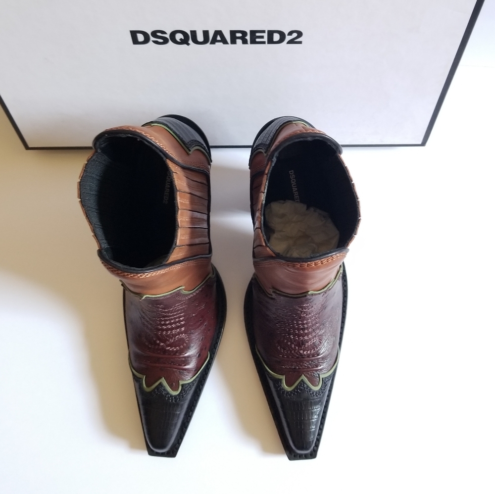 Dsquared2 Embroidered Pointed Toe Western Leather Boots Size 38 Brown Bl… - Picture 5 of 11